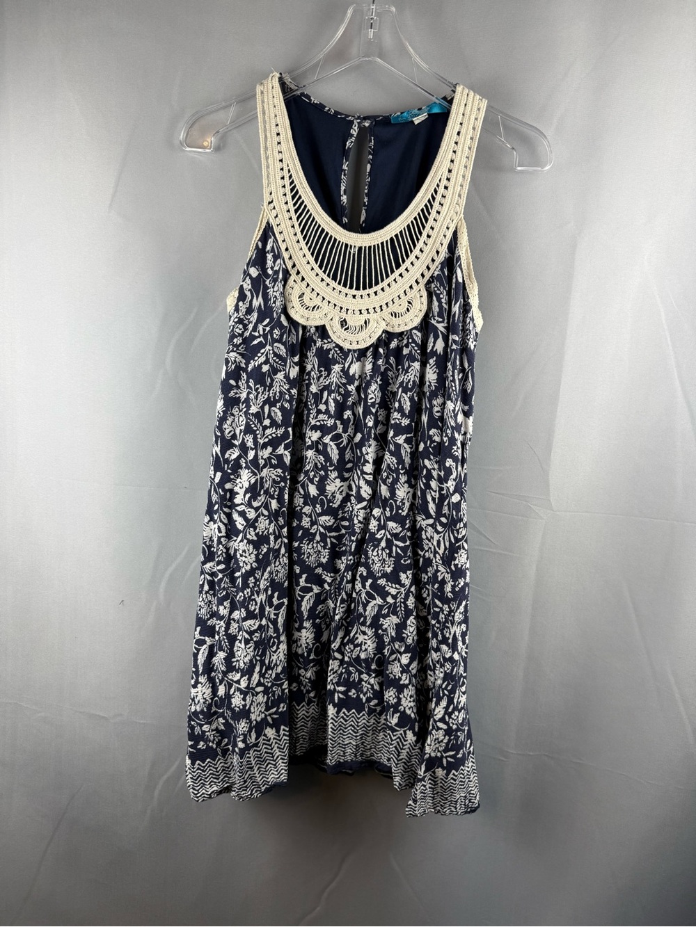 Boho Crochet Lace Floral Swing Dress Navy Ivory Cottagecore Festival Small